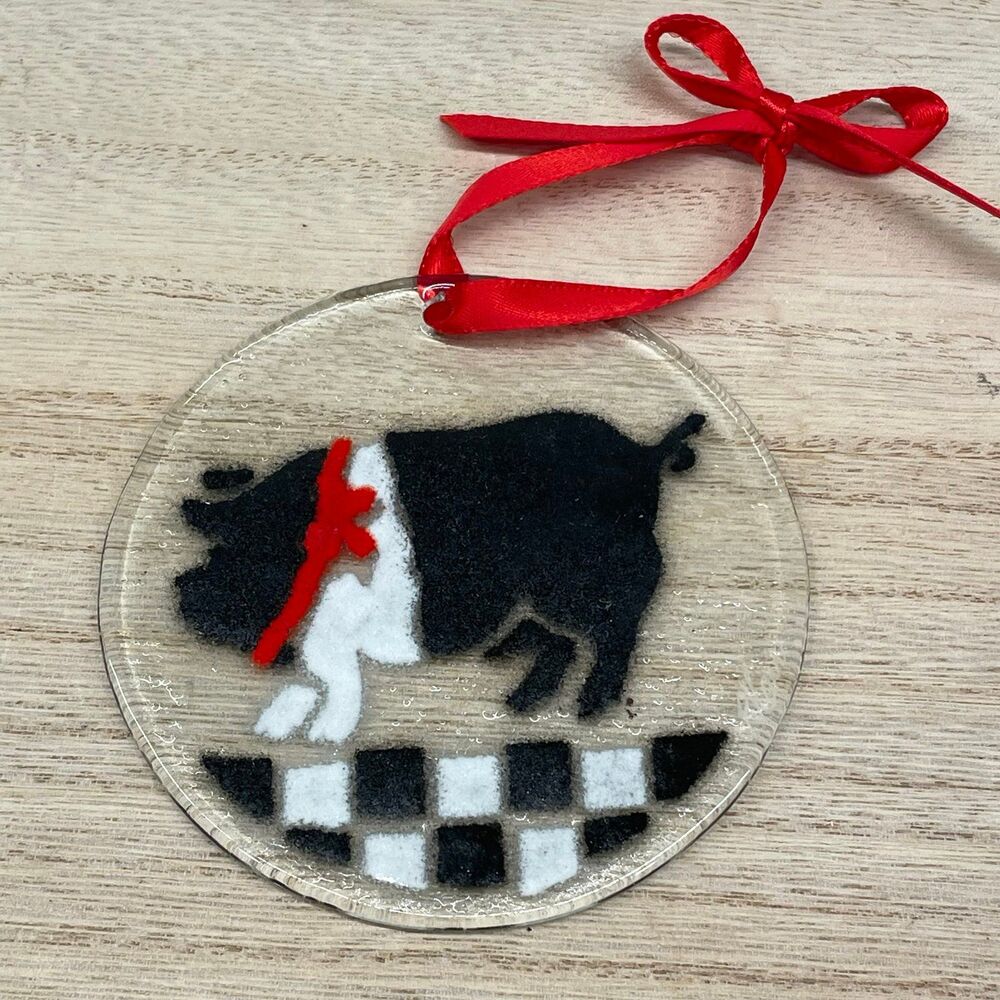 Handmade Peggy Karr Fused Glass Black White Pig Checkered Floor Ornament